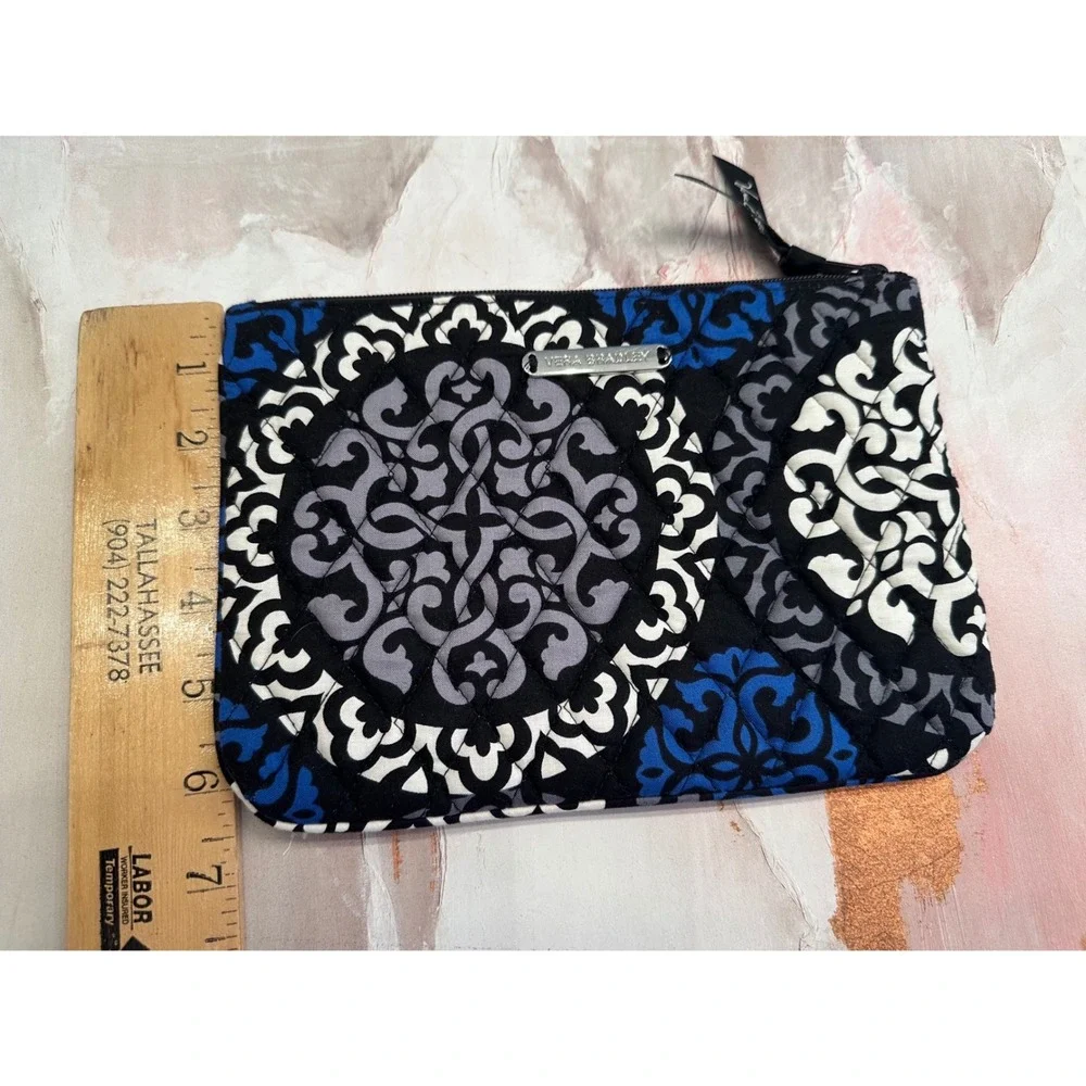 Vera Bradley Cosmetic Bag Pouch Black Blue Medallion Pattern Quilted Zip Closure